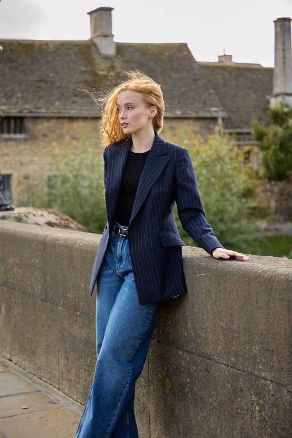 Double-Breasted Blazer in Navy Pinstripe - Image 2