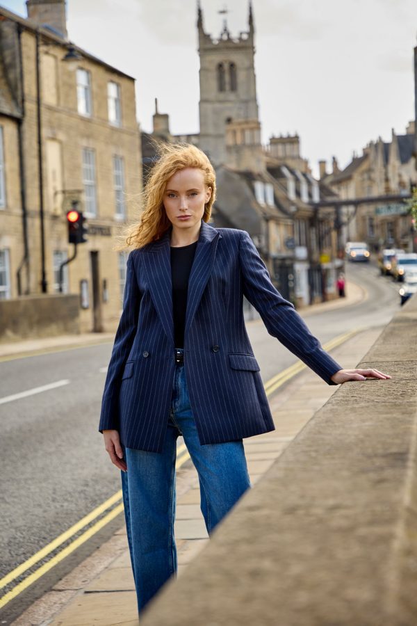 Double-Breasted Blazer in Navy Pinstripe - Image 3