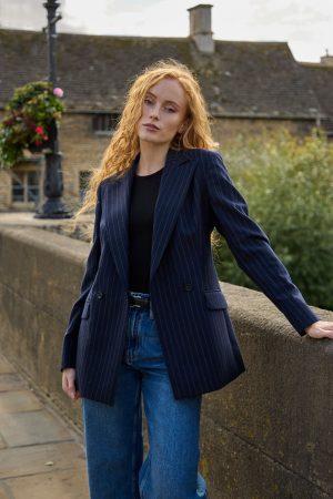 Double-Breasted Blazer in Navy Pinstripe