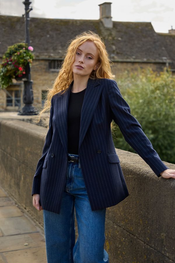 Double-Breasted Blazer in Navy Pinstripe