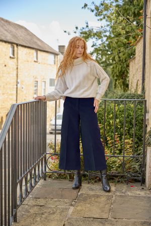 Wide-leg Cropped Trousers in Navy Cord